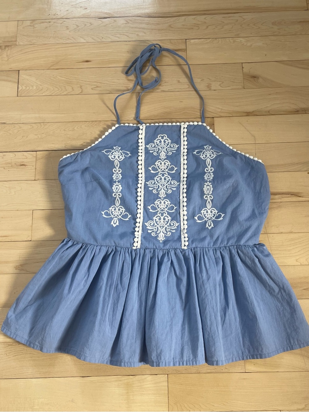 Francesca's Collections Light Blue Embroidered Babydoll halter top
